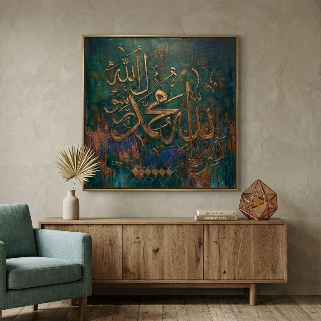 Gold Textured Allah Muhammad Calligraphy Teal and Copper Abstract Canvas