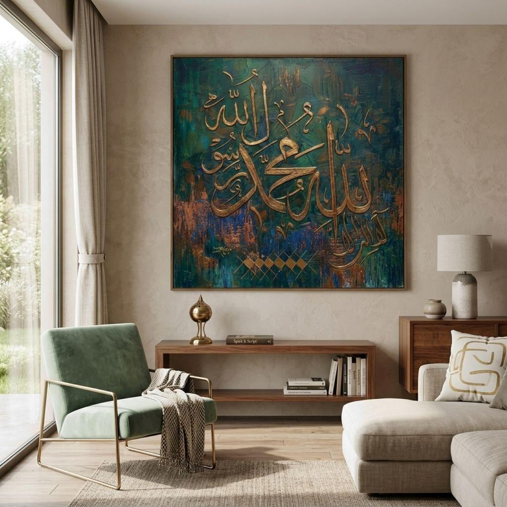 Gold Textured Allah Muhammad Calligraphy Teal and Copper Abstract Canvas