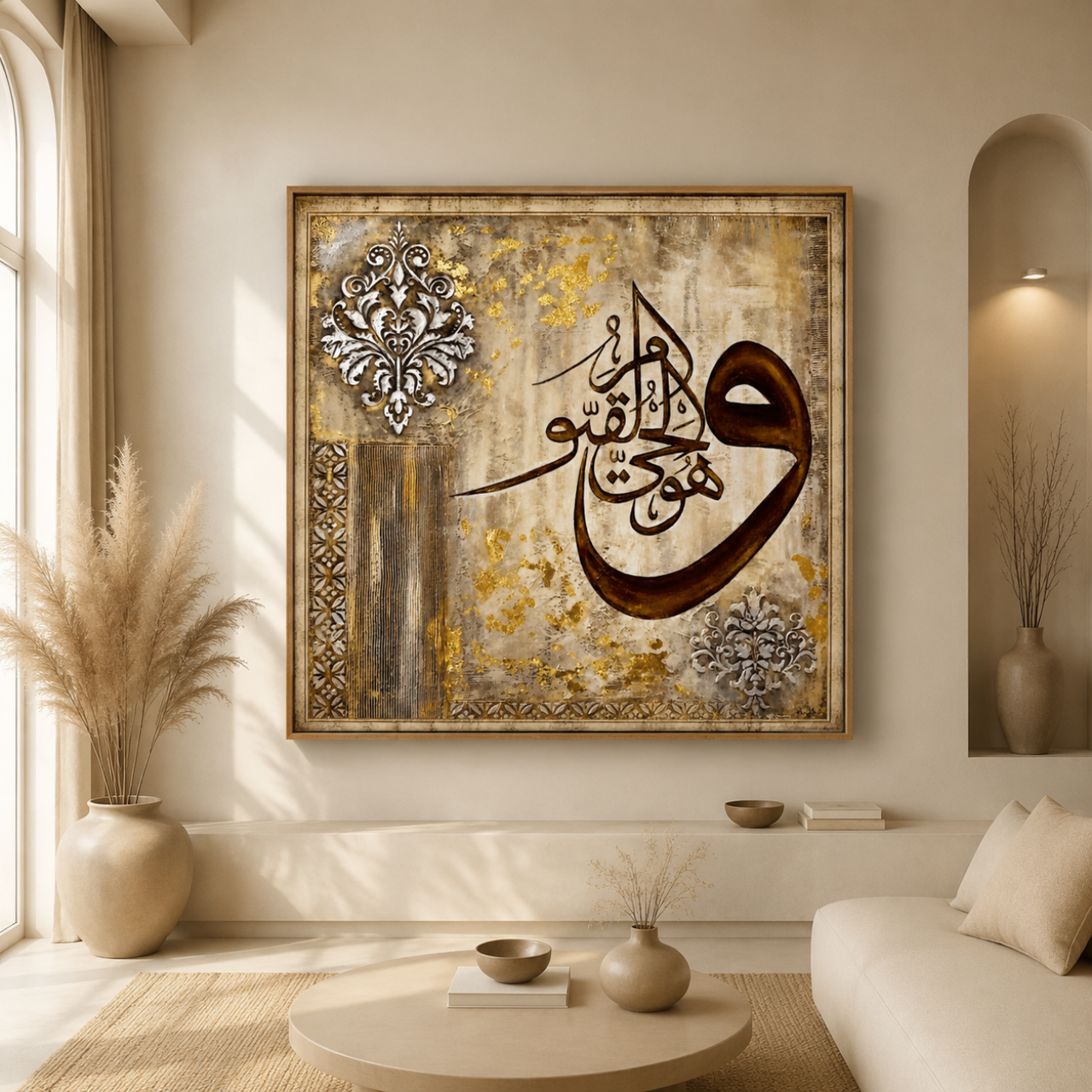 Wa Huwa Al-Hayyu Al-Qayyum Islamic Calligraphy Canvas, Luxury Gold Leaf Quran Wall Art, Traditional Muslim Home Decor