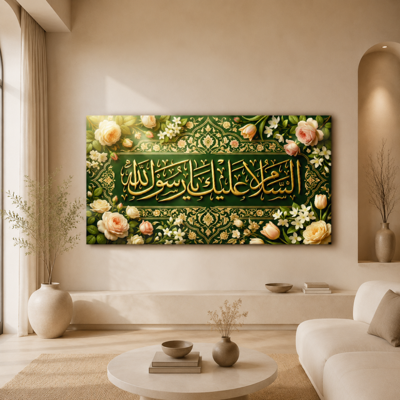 Assalamu Alayka Ya Rasulullah Golden 3D Effect Calligraphy Emerald Green Art