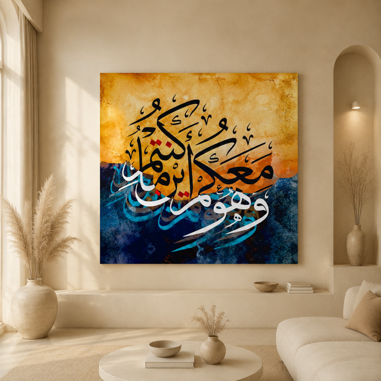 Islamic Calligraphy Canvas — “Wa Huwa Ma'akum Aynama Kuntum” Blue & Gold