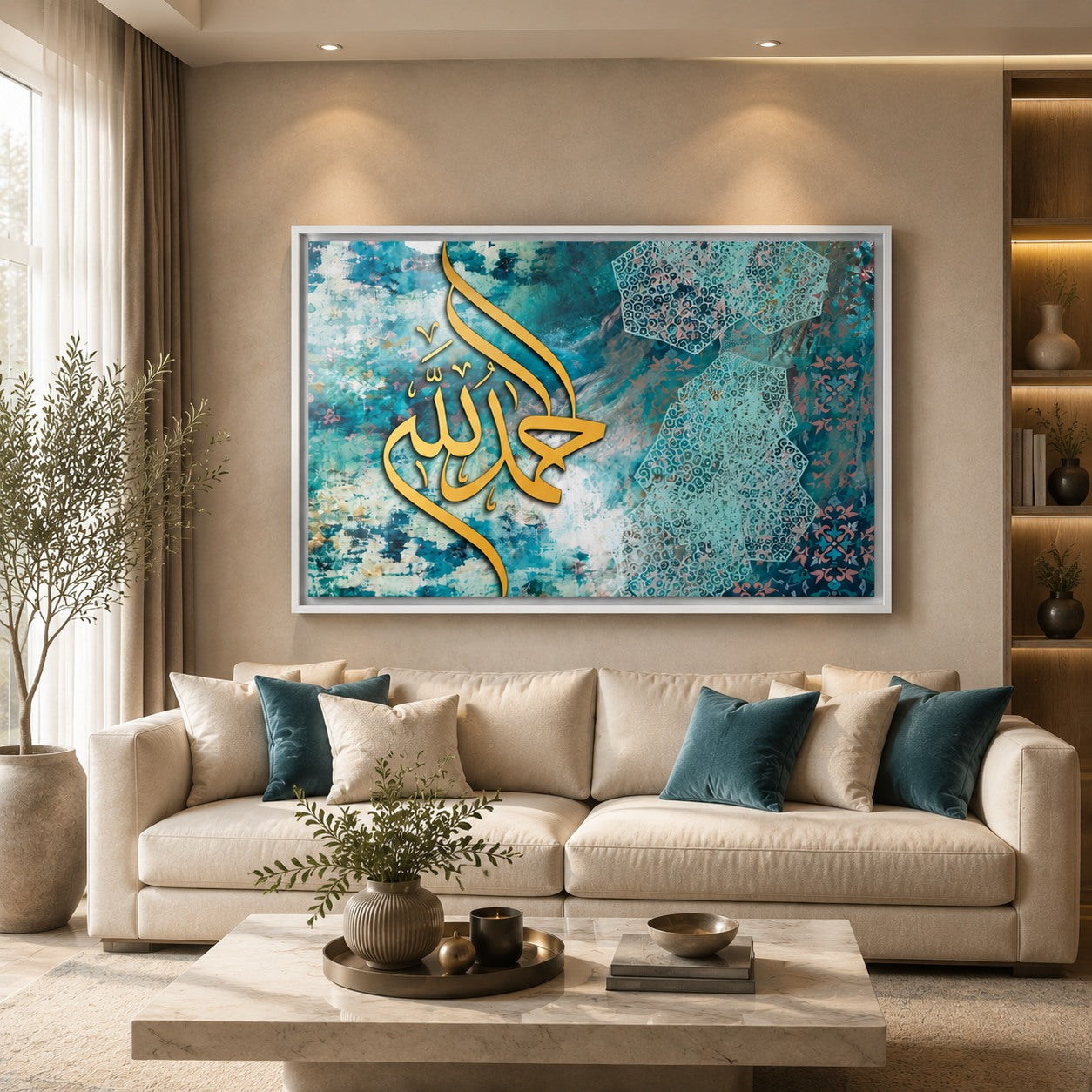 Gold Alhamdulilah Calligraphy Abstract Turquoise Plaster Wall Art