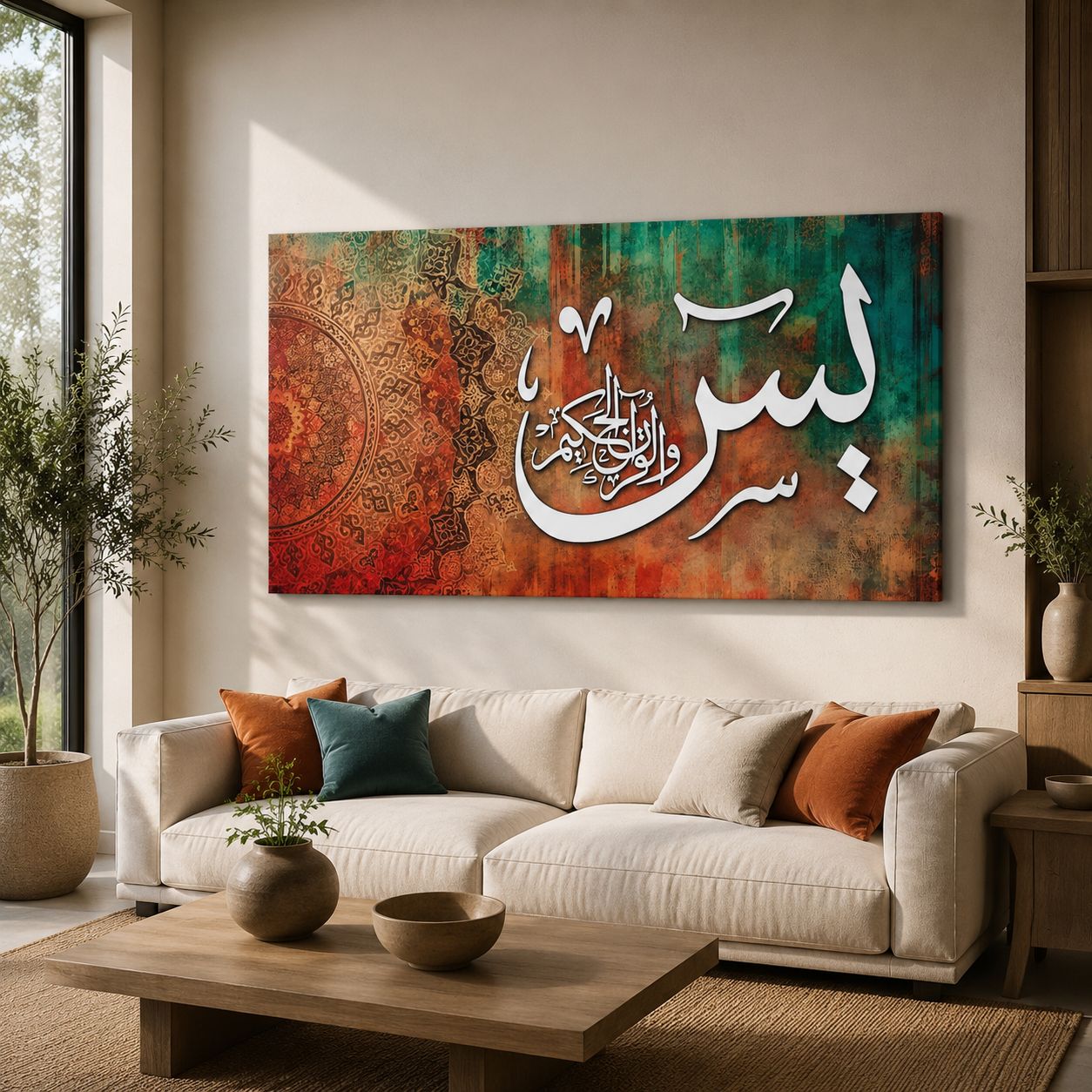 Elegant Surah Yaseen Quran Calligraphy Canvas Print with Vintage Teal and Orange Abstract Mandala