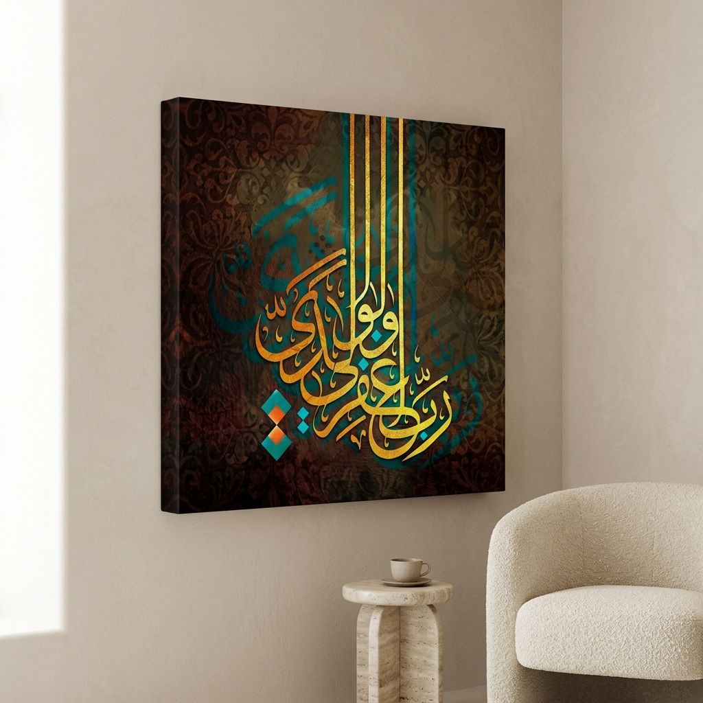 Rabbi Ighfir Li Wa Liwalidayya — Toile calligraphique arabe verticale dorée